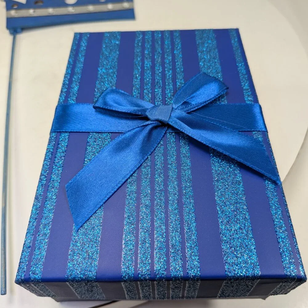 Blue Wood Rhinestone Crown Cake Topper & Glitter Striped Gift Box w Satin Bow